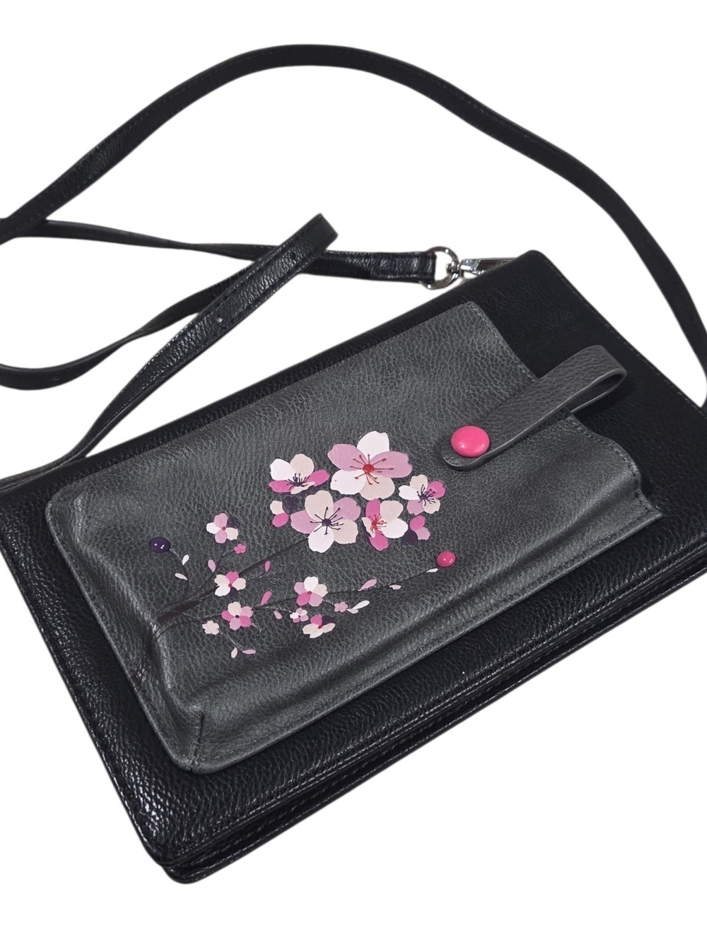 Black Crossbody Bag with Pink Floral Accent